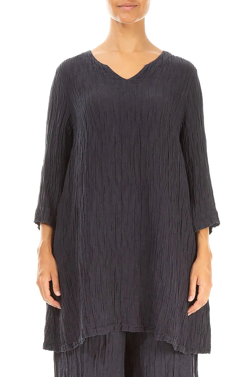 Blusa a Tunica in Misto Seta stropicciata Blu Grafite