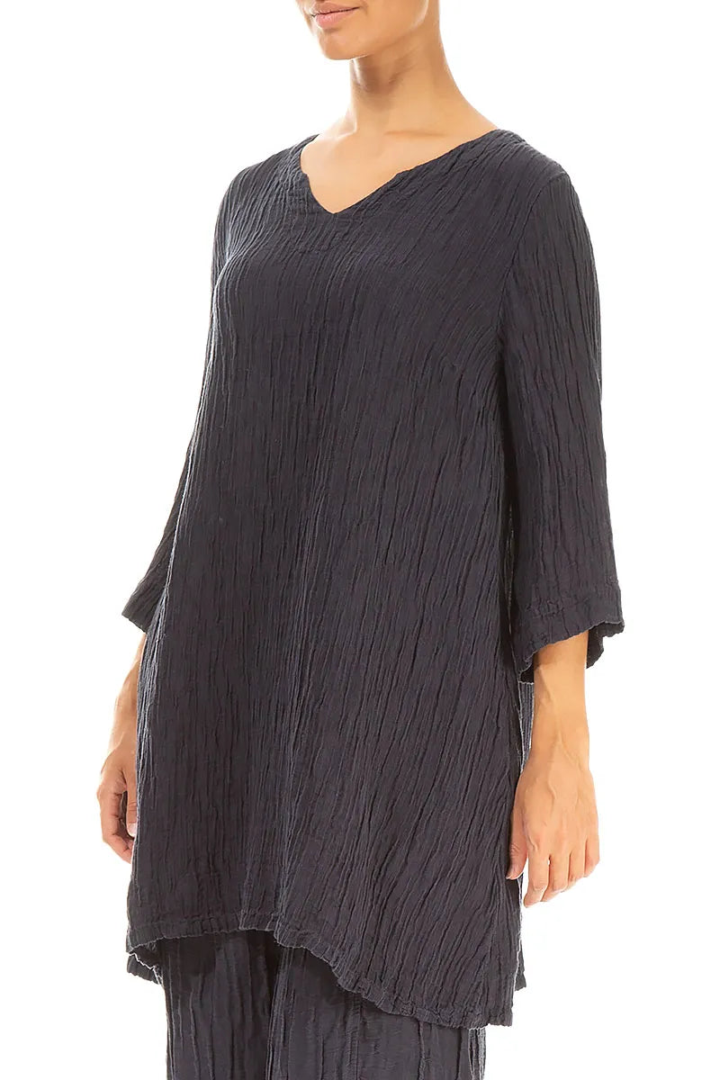 Blusa a Tunica in Misto Seta stropicciata Blu Grafite