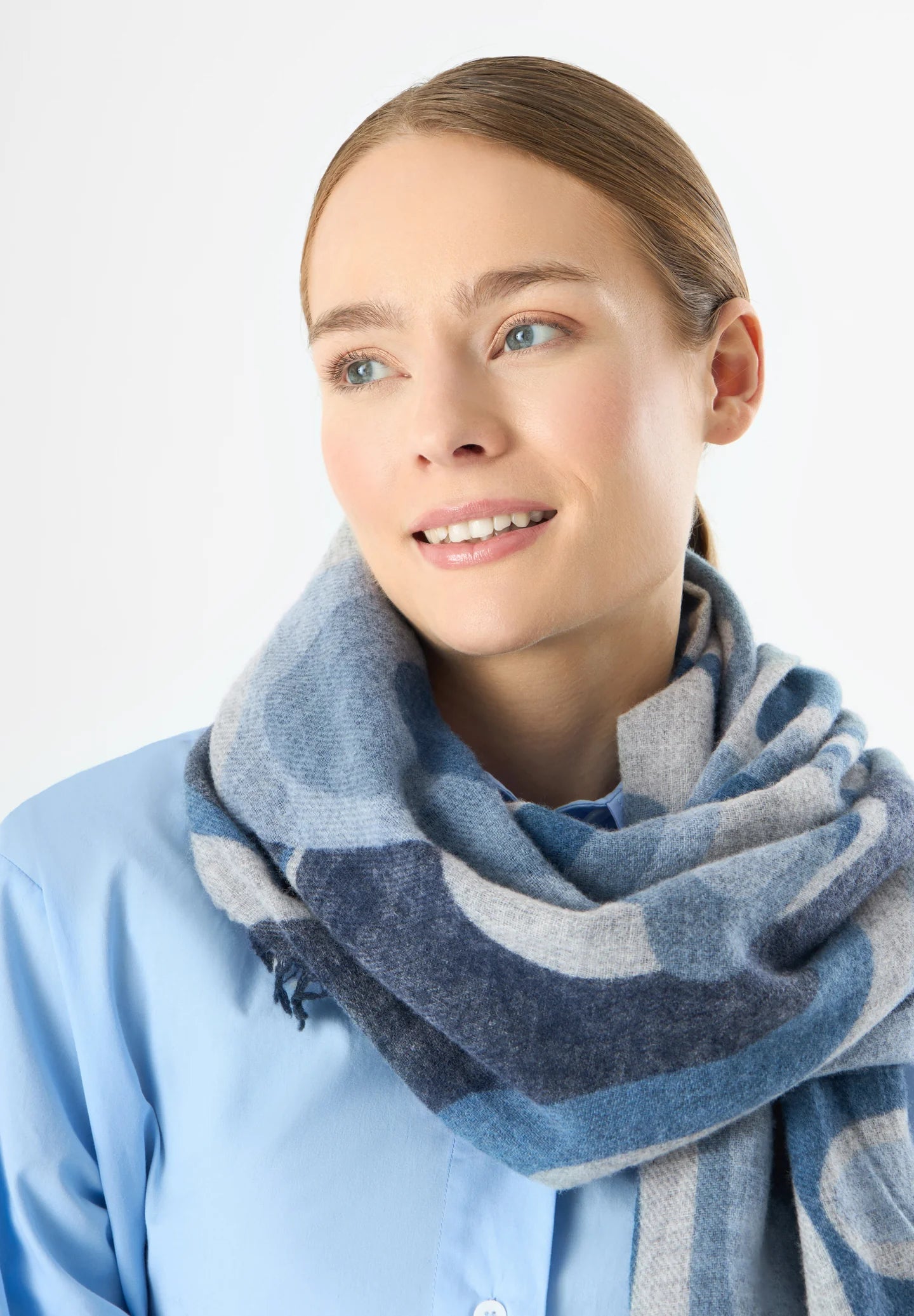 Sciarpa in lana e cashmere con stampa a bolle - Marrone, Azzurro o Rosso