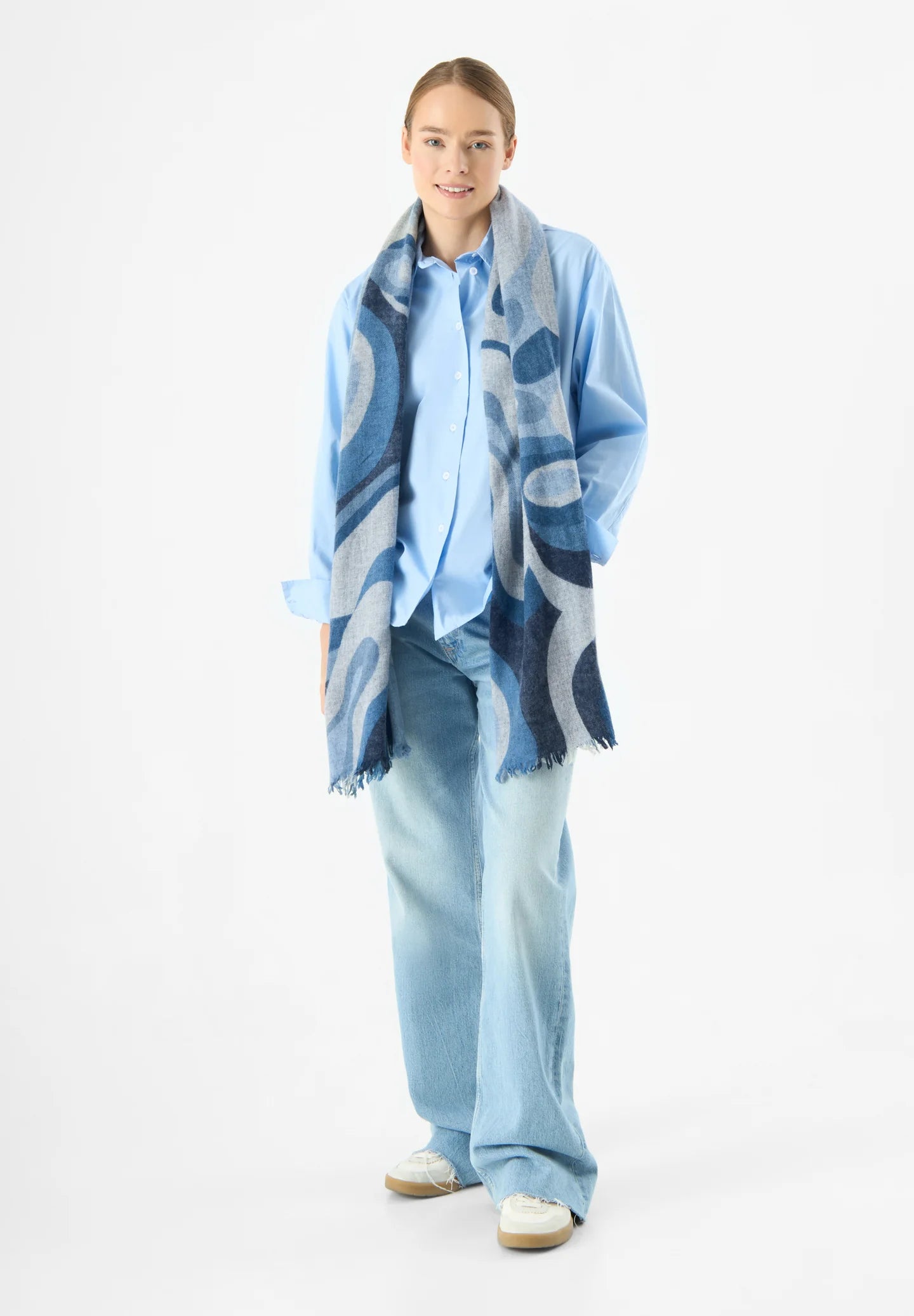 Sciarpa in lana e cashmere con stampa a bolle - Marrone, Azzurro o Rosso