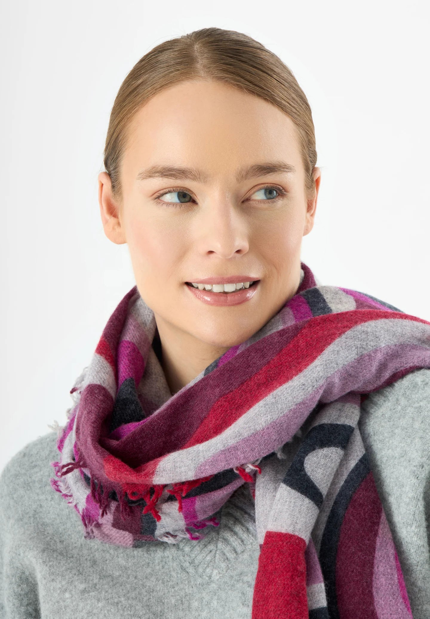 Sciarpa in lana e cashmere con stampa a bolle - Marrone, Azzurro o Rosso