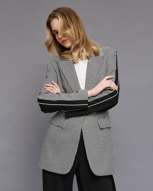 Giacca a Blazer pied-de-poule con dettagli piping