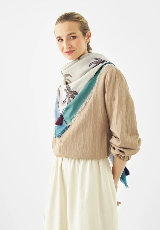 Sciarpa Quadrata in Tessuto jacquard in misto cotone con motivi a palme