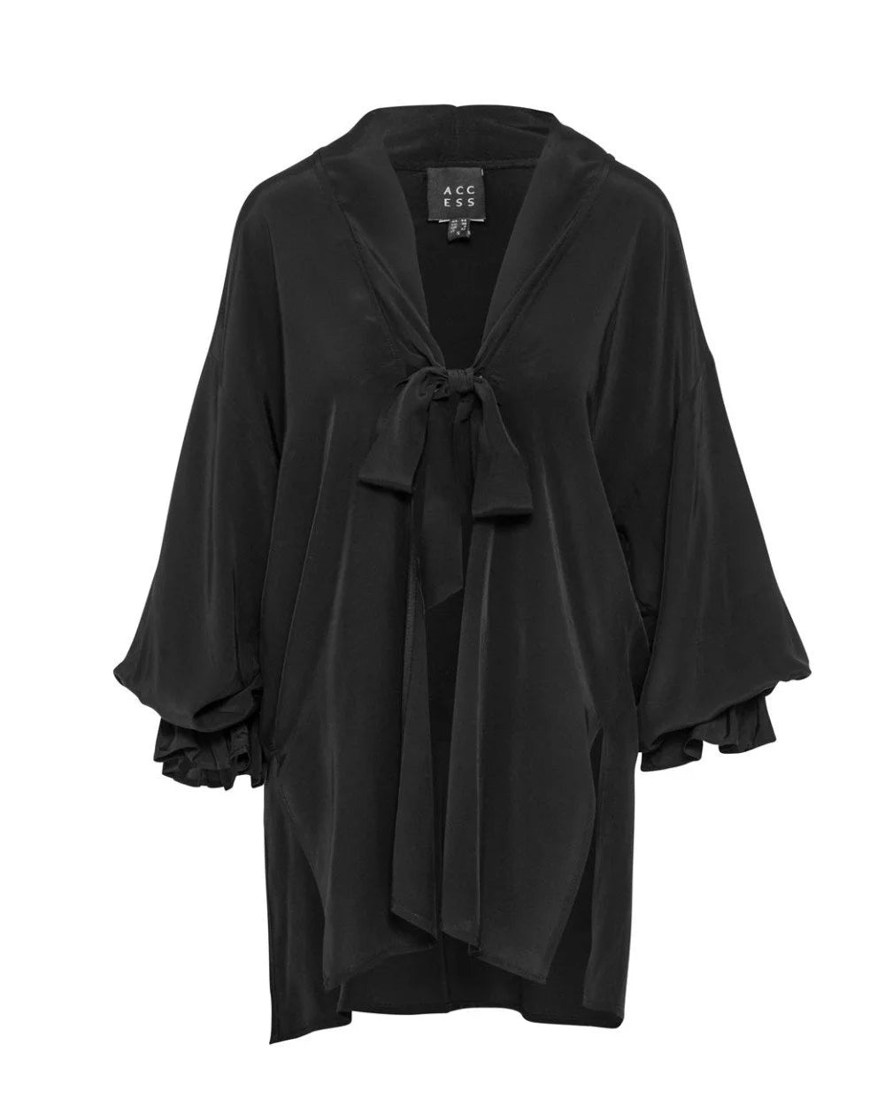 Kimono shirt with tie closure and flounced sleeves.