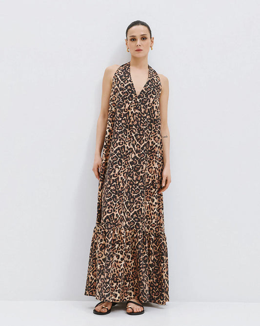 Abito Lungo in Stampa Leopardo con scollo all'americana e volant