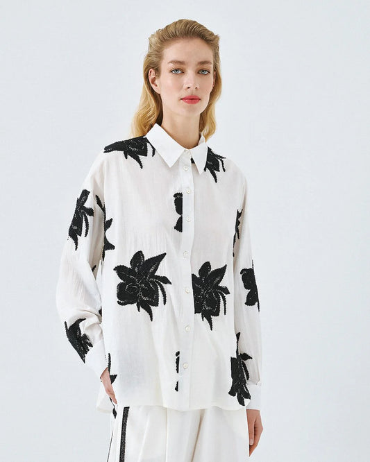 Cotton shirt with maxi floral embroidery - Camel, Black