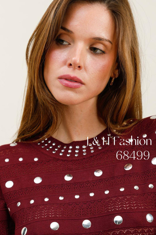 Maglia Aderente con Applicazioni Argentate e Volants - Bordeaux o Marrone