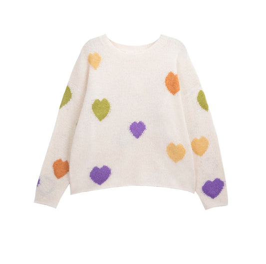 Maglia a girocollo oversize panna con cuori