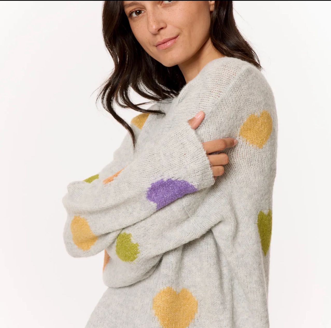 Maglia a girocollo oversize grigio perla con cuori