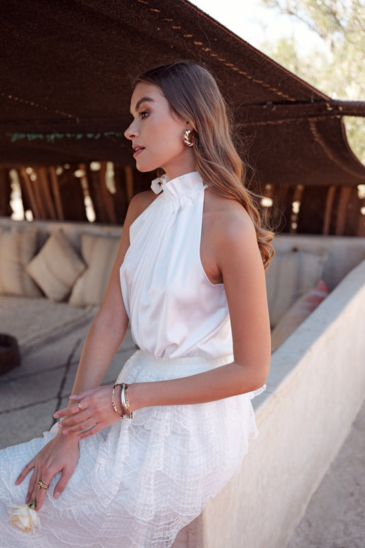 Satin Top with Bow and Halter Neck - Light Blue, White, Blue