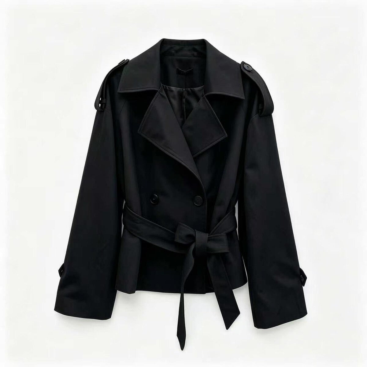Trench Corto Nero con Cintura