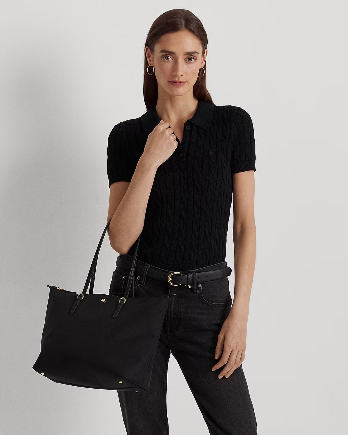 Borsa Tote Keaton nera in nylon di medie dimensioni