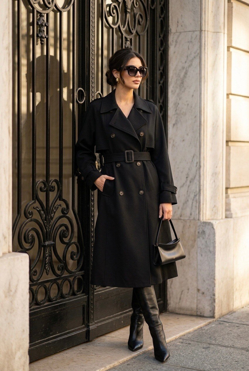 Trench Lungo Doppiopetto con Cintura - Nero, Beige