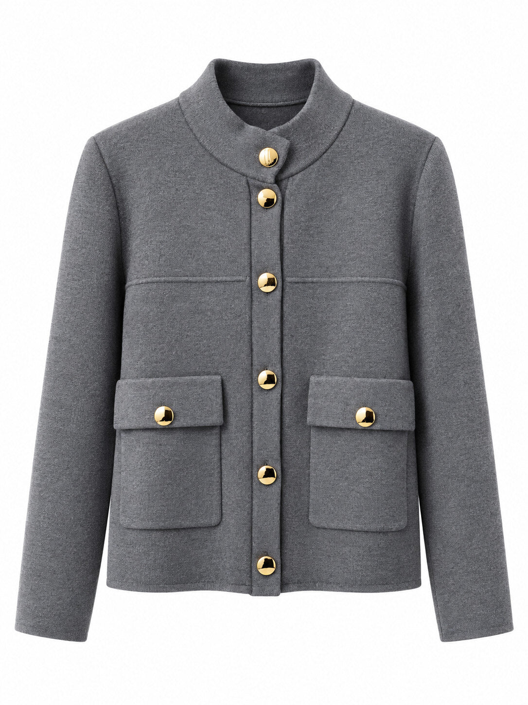 Giacca in Maglia con Collo alla Coreana, Bottoni Dorati e Tasche con Patta - Panna, Grigio, Bordeaux, Nero, Marrone