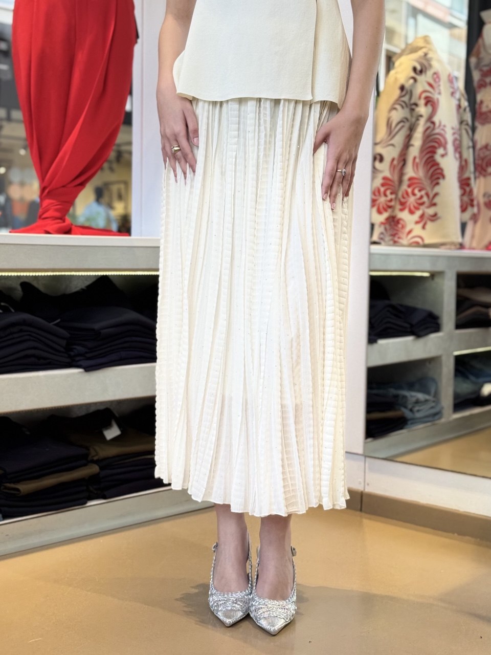Gonna Plissé Midi con Microstuds Luminosi - Celeste, Bianco
