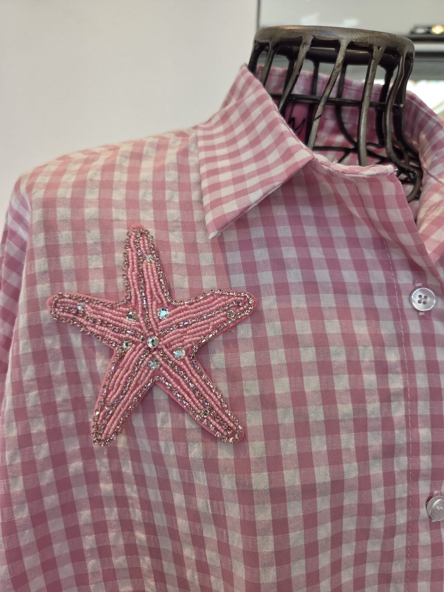 Camicia Oversize Vichy con Patch "Stelle Marine" – Rosa/Bianco