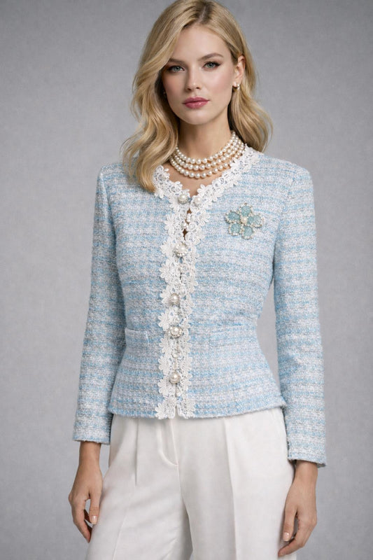 Tweed Jacket with Lace Trims - Black and White, White and Light Blue