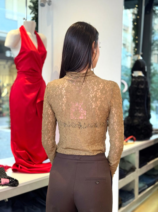 T-shirt a maniche lunghe in pizzo elasticizzato Nera