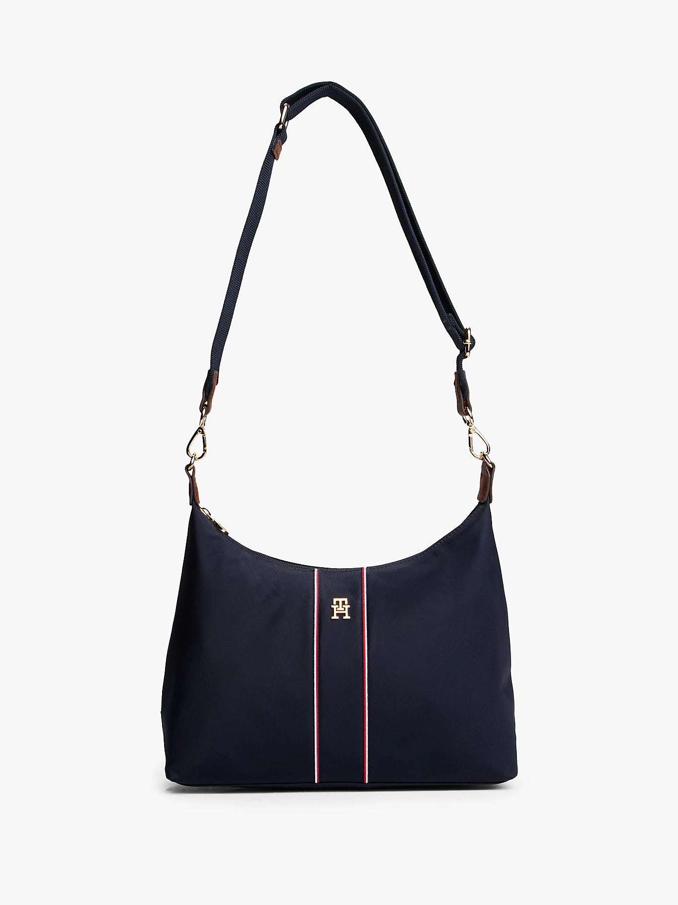 Borsa a tracolla blu in nylon con fascia iconica
