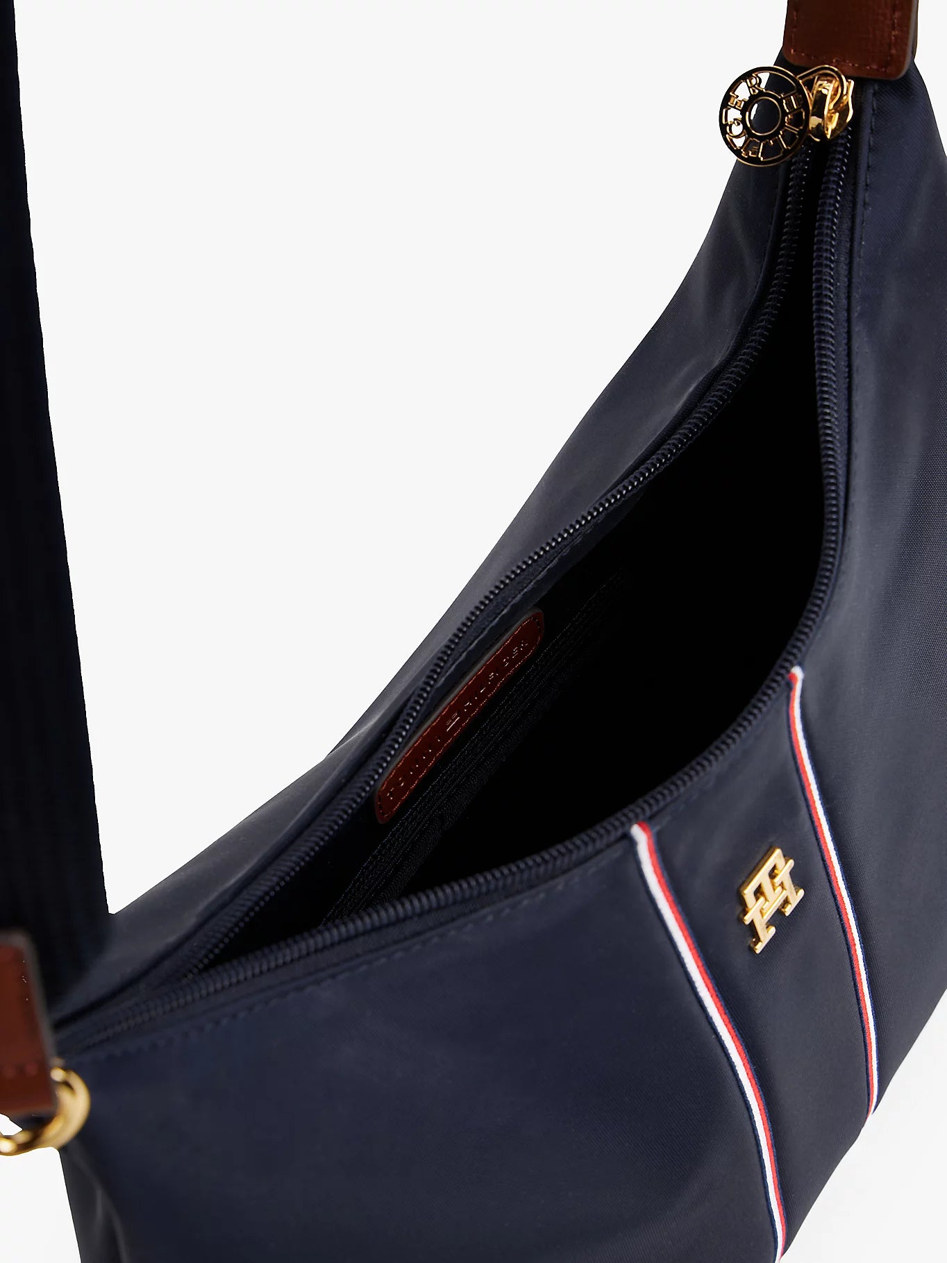 Borsa a tracolla blu in nylon con fascia iconica