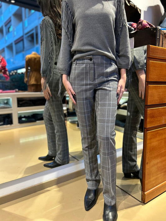Pantalone Slim Fit Stampa Galles: Comfort e Stile Sartoriale - Grigio con quadro celeste