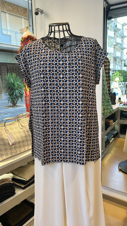 T-Shirt Oversize The Abito - Fantasia Geometrica Panna, Nocciola e Blu Inchiostro