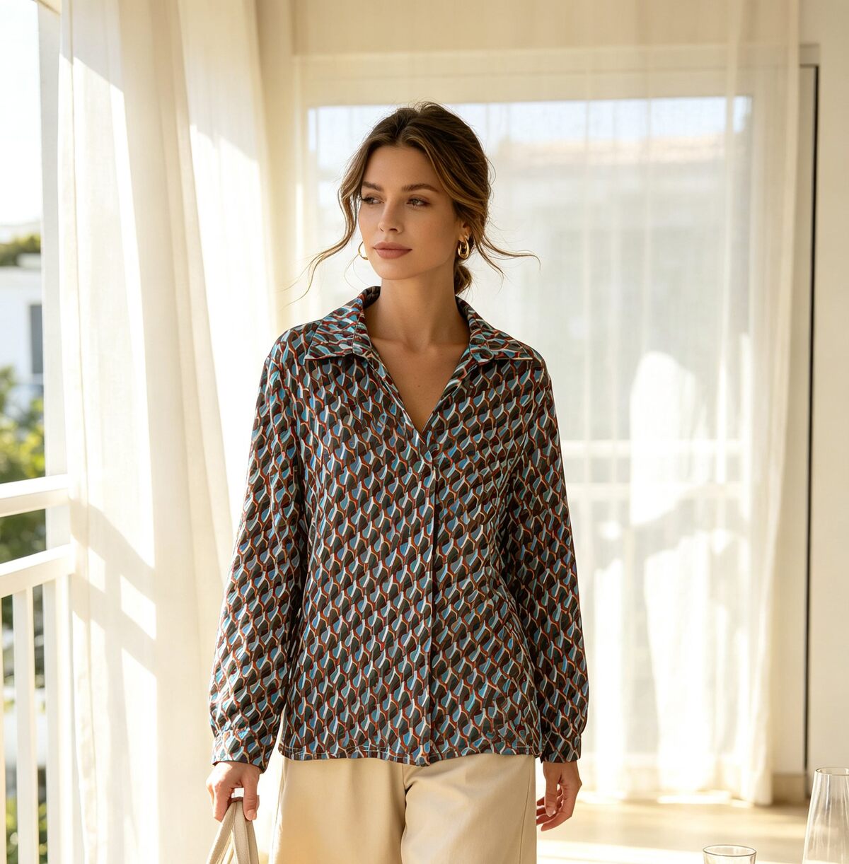 Blusa in Stampa Geometrica con Collo a Camicia