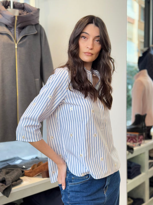 Camicia bianca a righe con collo alla coreana