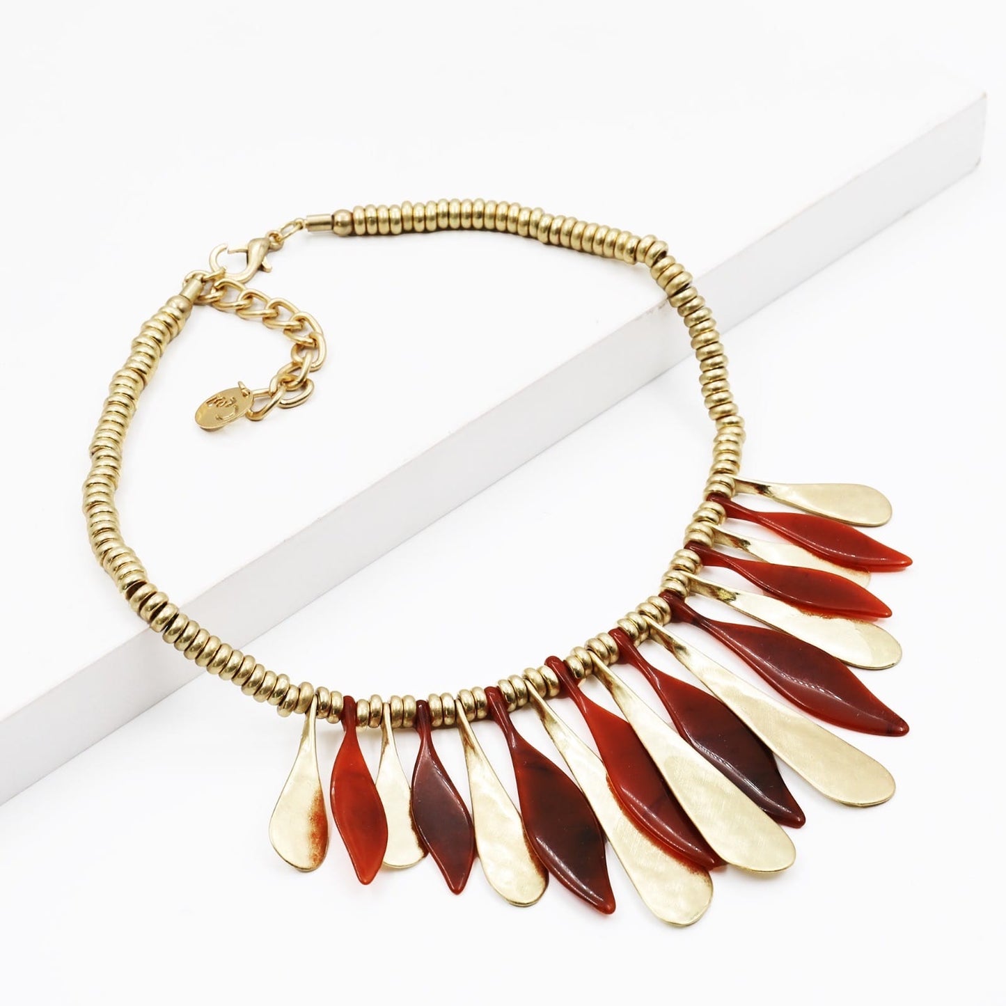 Necklace with stylized leaves - Light Blue, Green, Rust, Gold