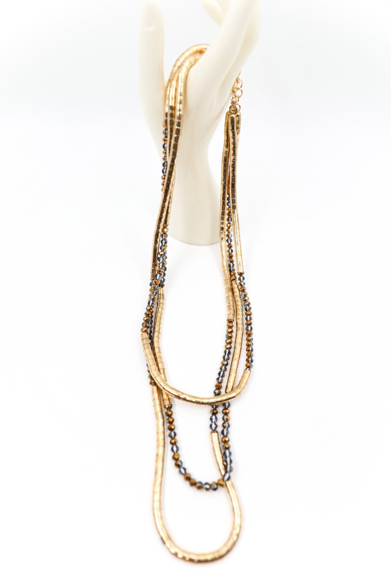 Collana Lunga a Più Fili in Bronzo e Cristallo - Trasparente, Blu o Bronzo/Grigio