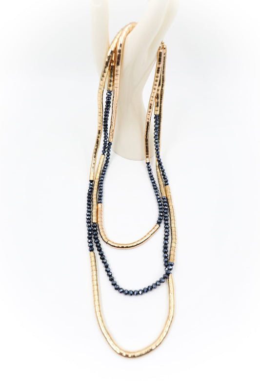 Collana Lunga a Più Fili in Bronzo e Cristallo - Trasparente, Blu o Bronzo/Grigio