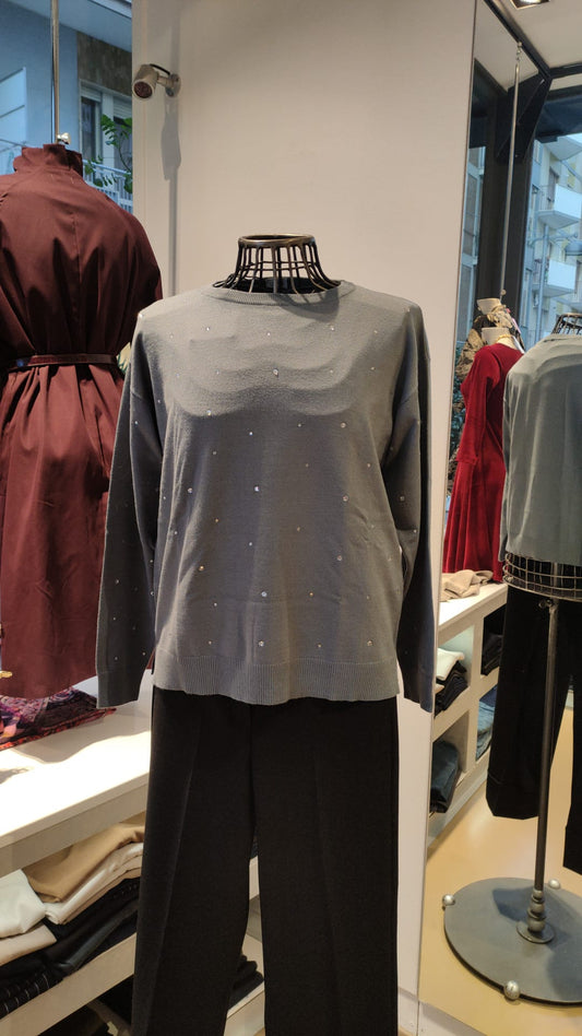 Maglia a girocollo con cristalli - Nera, grigia o ciclamino