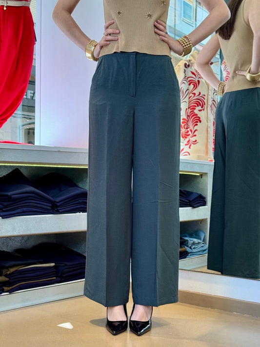 Pantalone Fluido in Viscosa e Lino - Bianco, Cammello e Verde Scuro