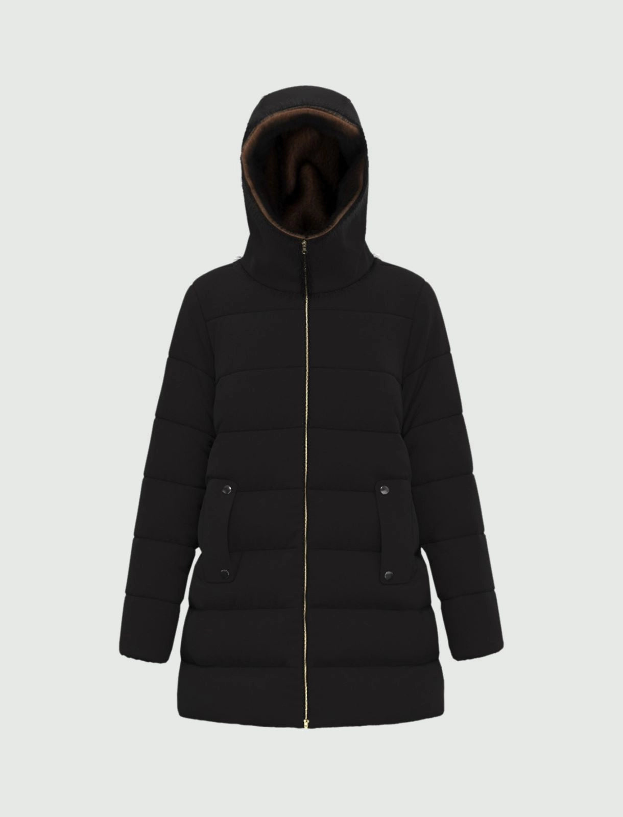 Piumino nero di media lunghezza con interno ecopelliccia marrone