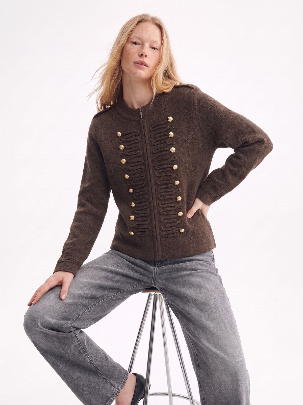 Cardigan in Maglia con Zip, Stile Militare