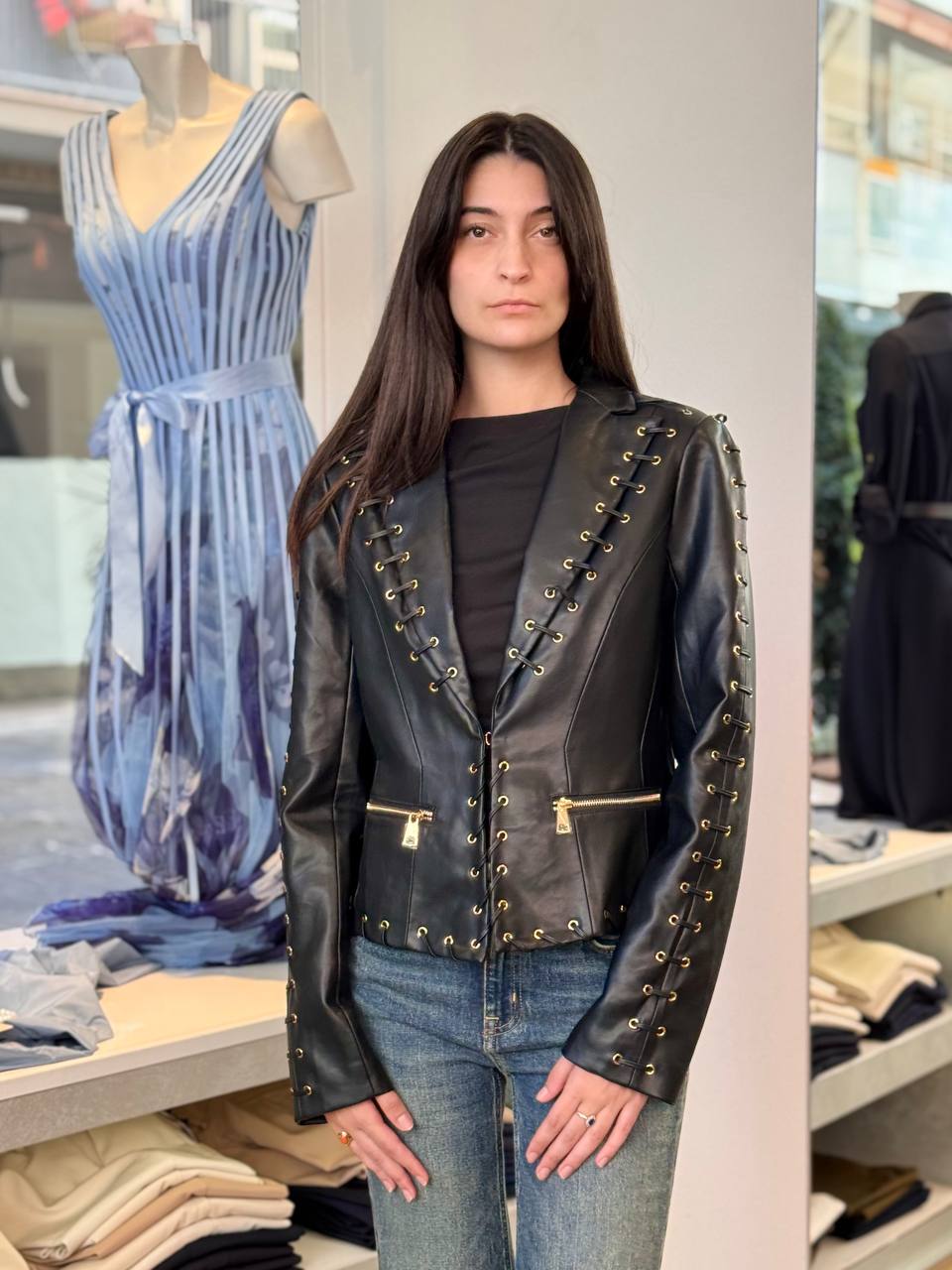 Giacca a Blazer in Pelle Vegana Lavorata con Lacci