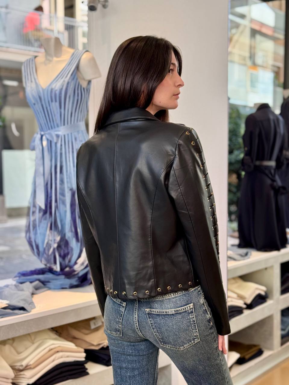 Giacca a Blazer in Pelle Vegana Lavorata con Lacci