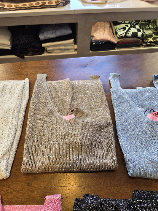 Top in Maglia con Micro-Studs Luminosi - Dorato, Argentato, Celeste, Fucsia, Rosa, Nero, Taupe