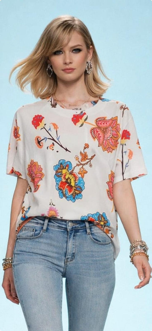 Knitted T-Shirt with Colorful Floral Print