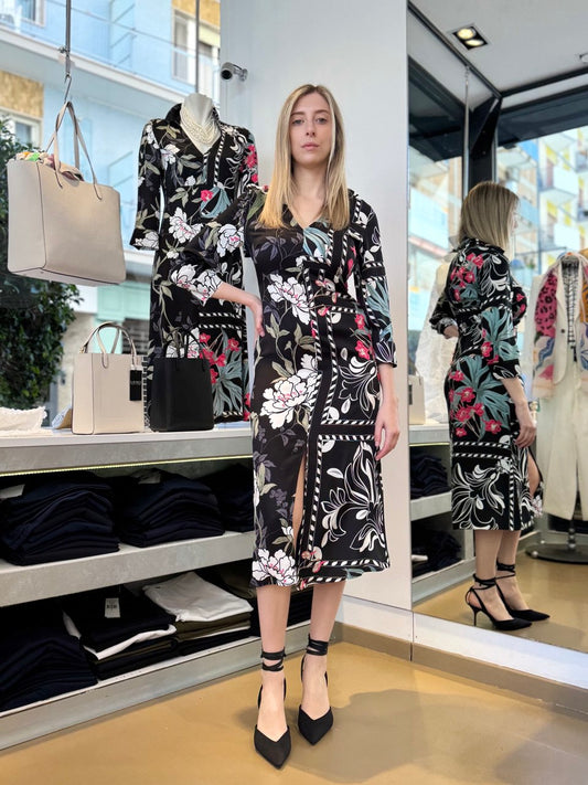 Abito midi in viscosa fantasia floreale su sfondo nero – Emme Marella