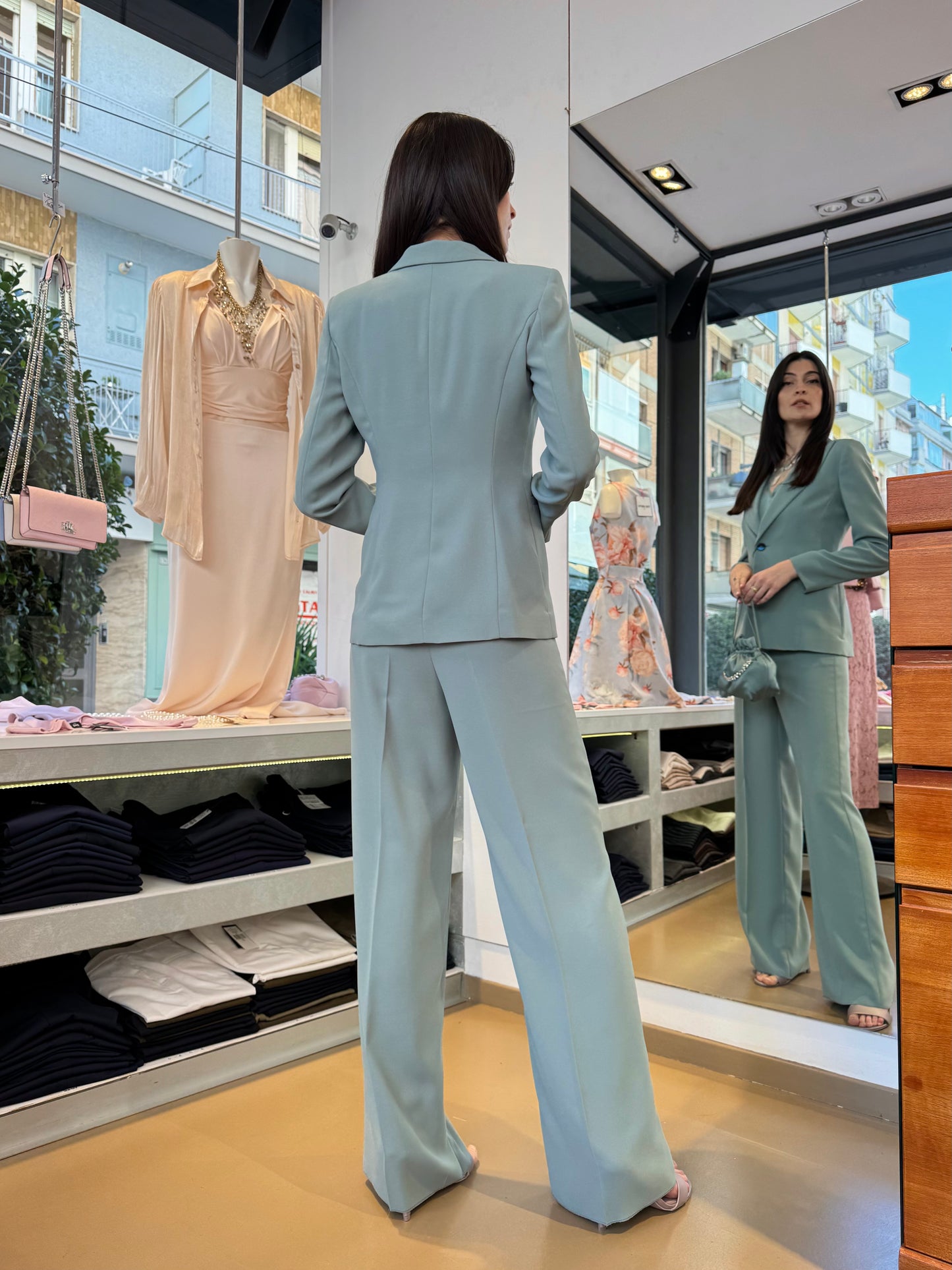 Tailleur pantalone in cady verde giada