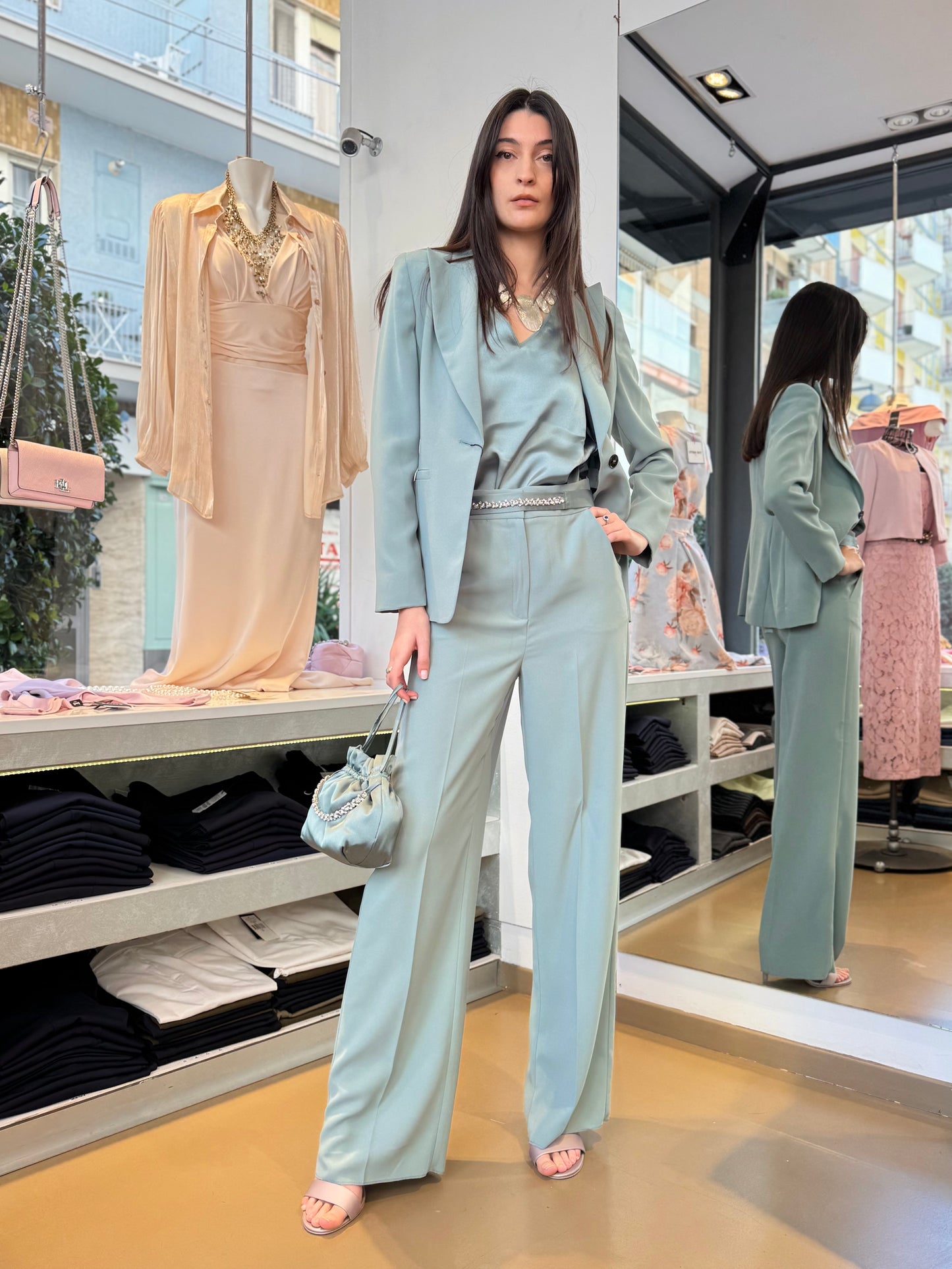 Tailleur pantalone in cady verde giada