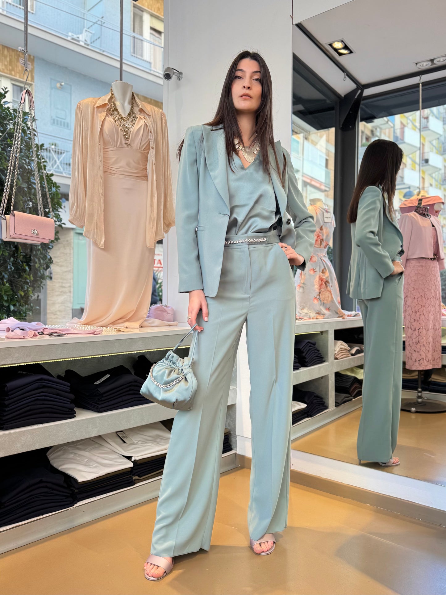Tailleur pantalone in cady verde giada