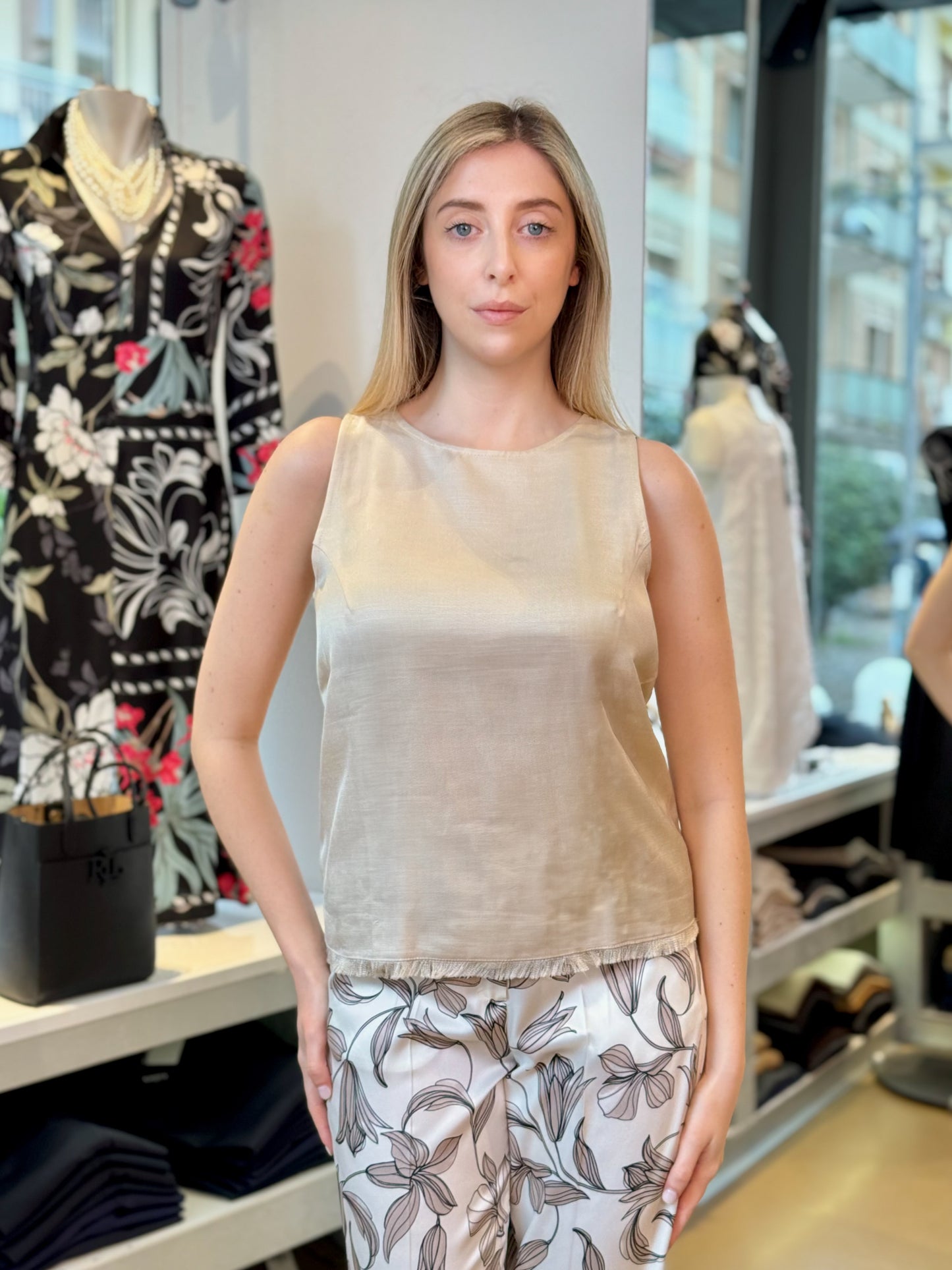 Top Beige Emme Marella Beige in Misto Lino e Viscosa