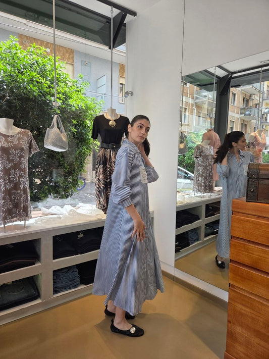 Abito Chemisier Maxi a Righe con Taschino in Pizzo
