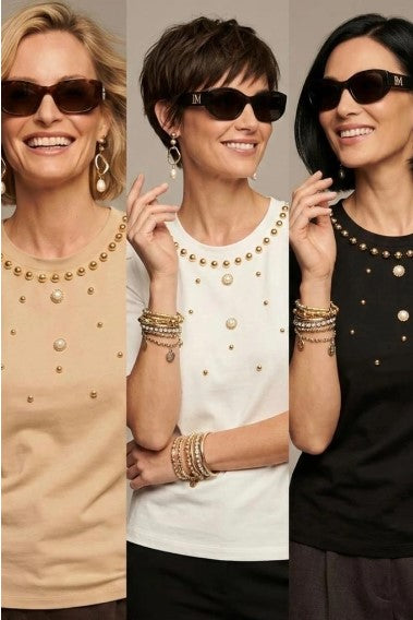 T-Shirt con Borchiette - Beige, Marrone, Nera