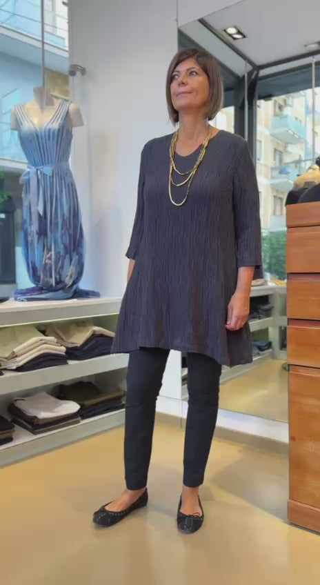 Blusa a Tunica in Misto Seta stropicciata Blu Grafite