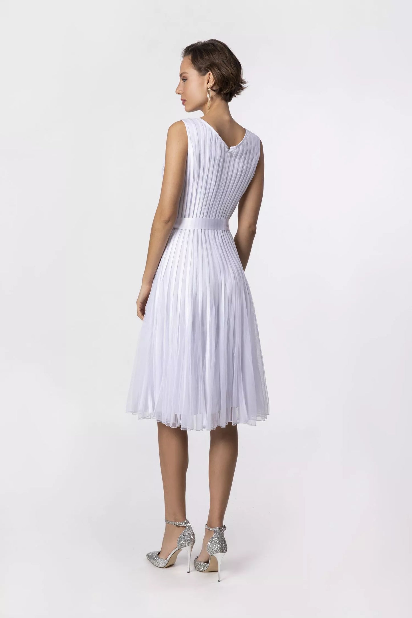 V-neck tulle and satin dress - White