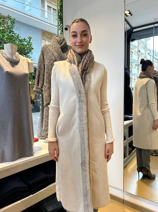 Gilet Lungo Reversibile in Finto Visone - Avorio