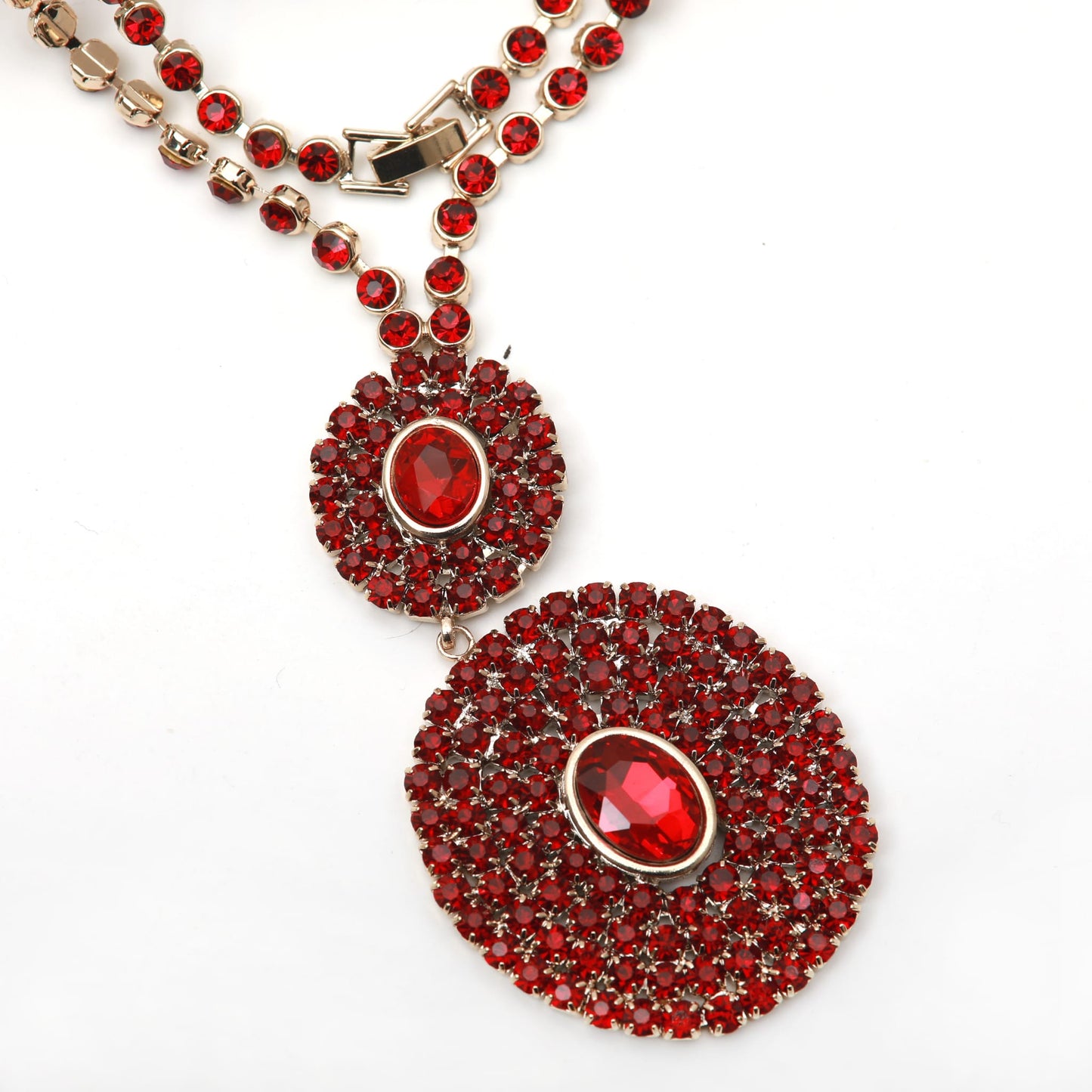 Long red rhinestone necklace with double pendant